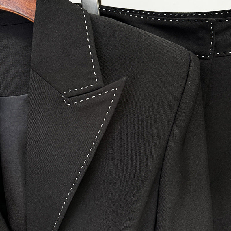 Belted Tailored Blazer and Wide Leg Pants Set with Contrast Stitching for Meetings Ready and Executive Elegance Women-Vyana Collective