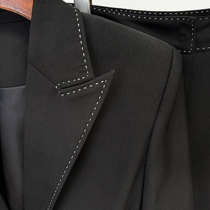 Belted Tailored Blazer and Wide Leg Pants Set with Contrast Stitching for Meetings Ready and Executive Elegance Women-Vyana Collective