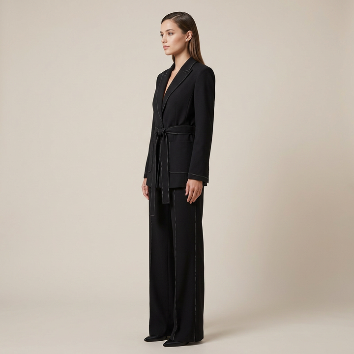Belted Tailored Blazer and Wide Leg Pants Set with Contrast Stitching for Meetings Ready and Executive Elegance Women-Vyana Collective