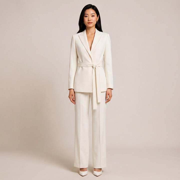 Belted Tailored Blazer and Wide Leg Pants Set with Contrast Stitching for Meetings Ready and Executive Elegance Women-Vyana Collective