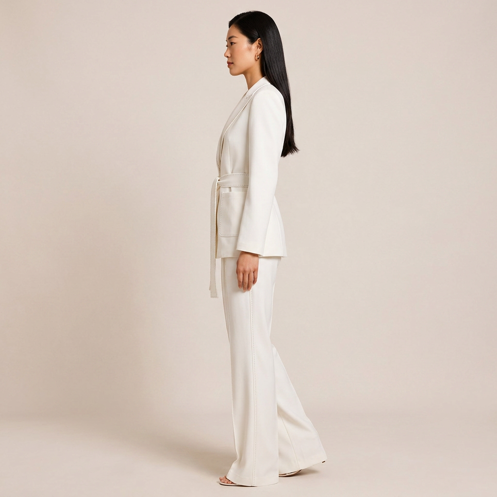 Belted Tailored Blazer and Wide Leg Pants Set with Contrast Stitching for Meetings Ready and Executive Elegance Women-Vyana Collective