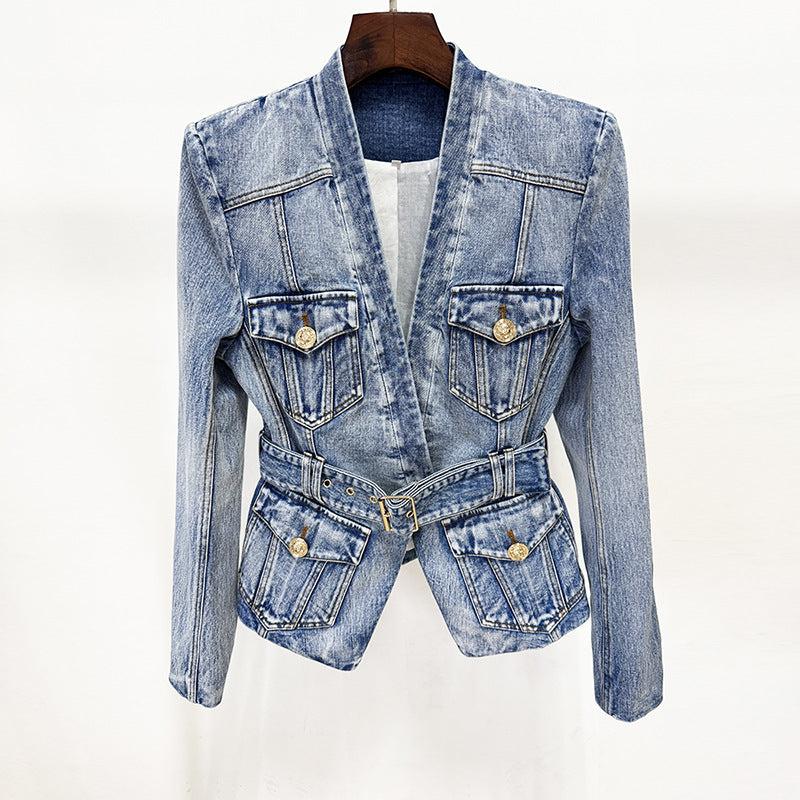 Belted Washed Denim Blazer for Friday Night Vibes and Elevated Casual Style Women-Vyana Collective