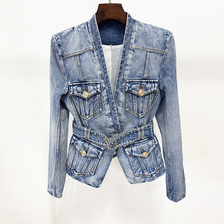Belted Washed Denim Blazer for Friday Night Vibes and Elevated Casual Style Women-Vyana Collective