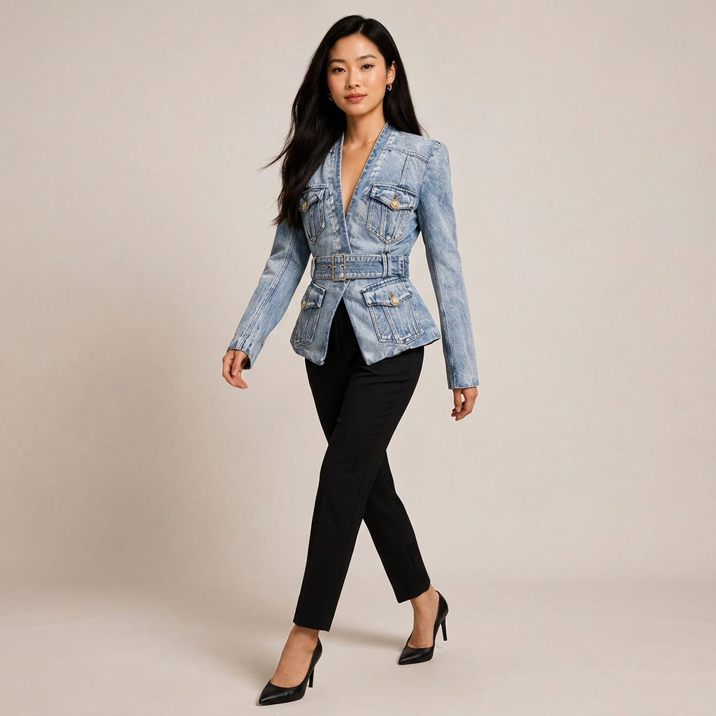 Belted Washed Denim Blazer for Friday Night Vibes and Elevated Casual Style Women-Vyana Collective