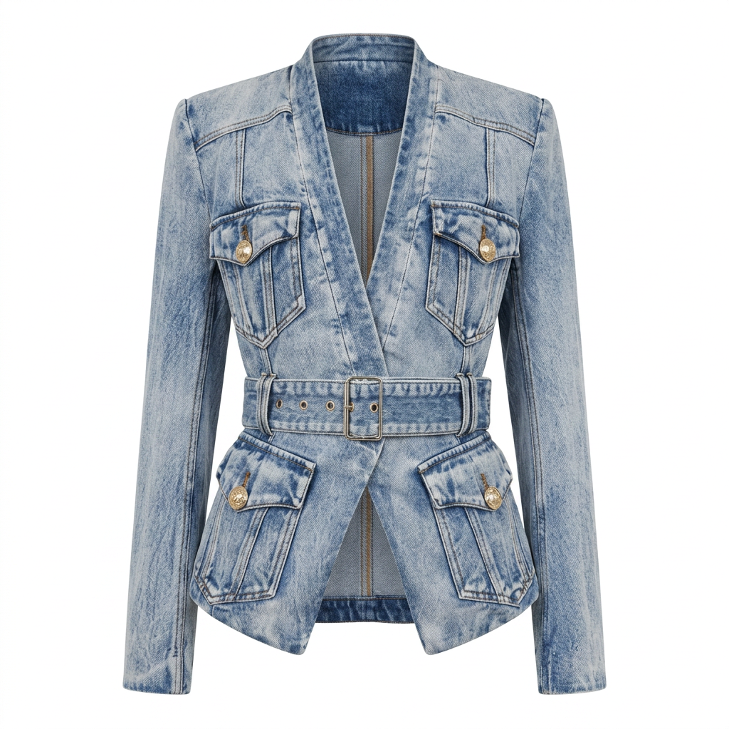 Belted Washed Denim Blazer for Friday Night Vibes and Elevated Casual Style Women-Vyana Collective