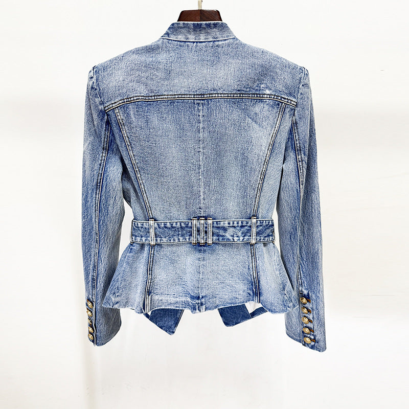 Belted Washed Denim Blazer for Friday Night Vibes and Elevated Casual Style Women-Vyana Collective