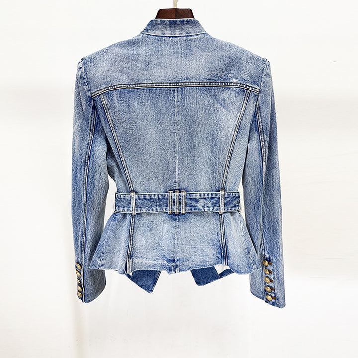 Belted Washed Denim Blazer for Friday Night Vibes and Elevated Casual Style Women-Vyana Collective