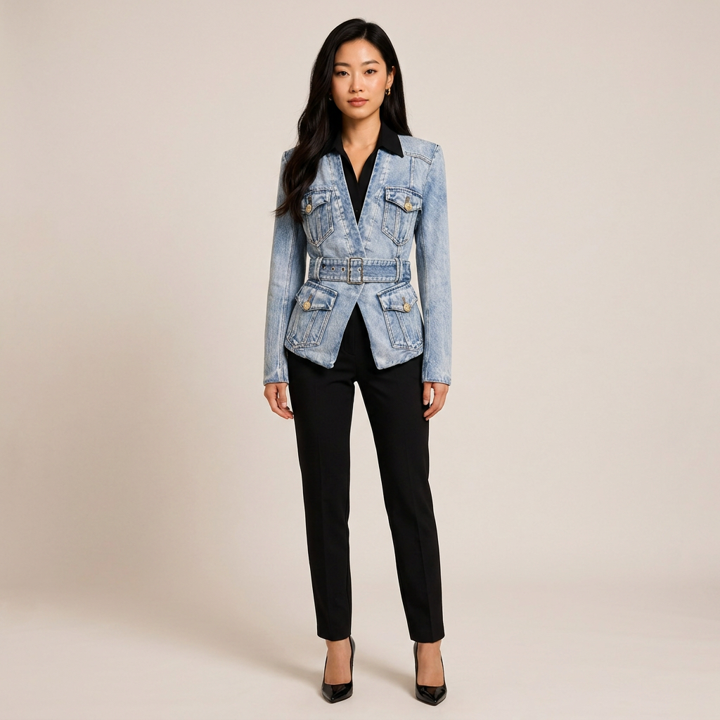 Belted Washed Denim Blazer for Friday Night Vibes and Elevated Casual Style Women-Vyana Collective