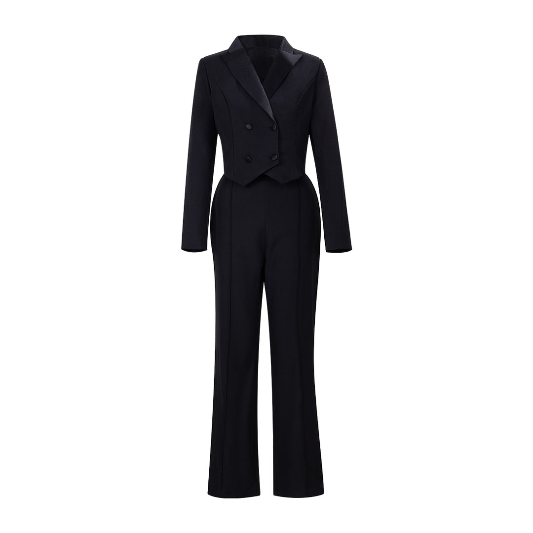 Black Backless Beaded Cropped Blazer & High Waist Pants Set-Vyana Collective