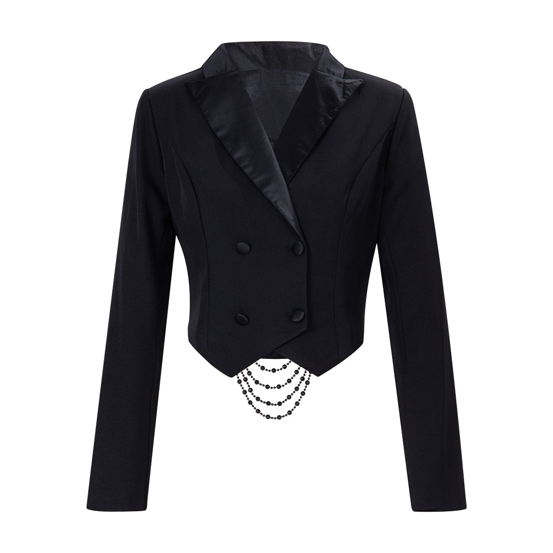 Black Backless Beaded Cropped Blazer & High Waist Pants Set-Vyana Collective