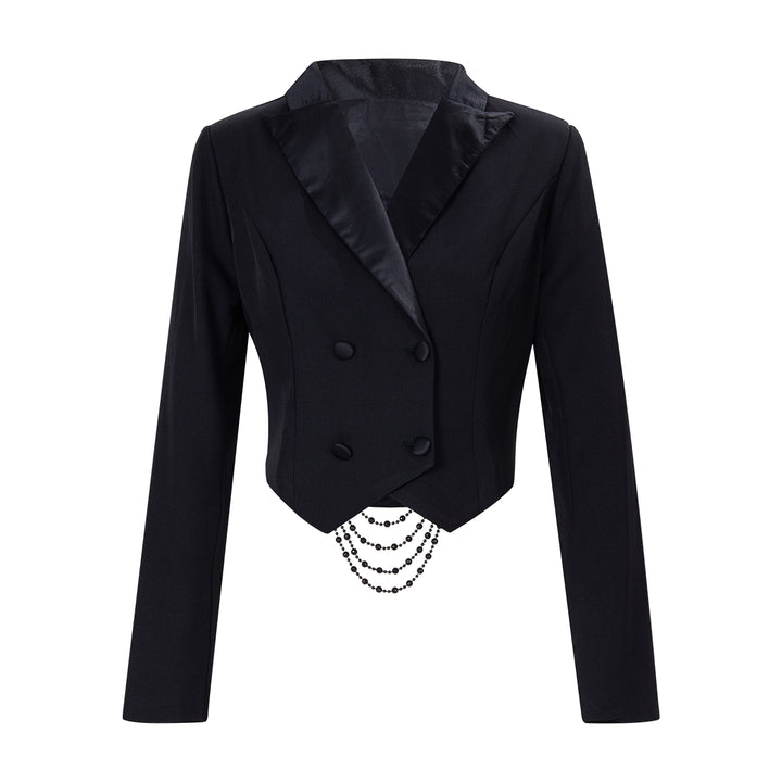 Black Backless Beaded Cropped Blazer & High Waist Pants Set-Vyana Collective