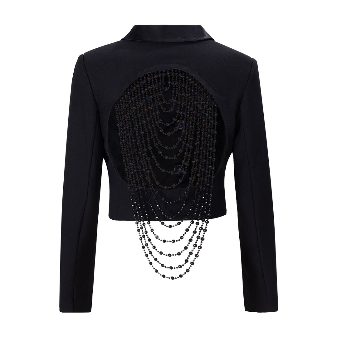 Black Backless Beaded Cropped Blazer & High Waist Pants Set-Vyana Collective