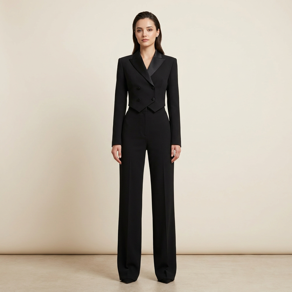 Black Beaded Cropped Blazer and High Waist Pants Set for Friday Night Vibes and Modern Glamour Women-Vyana Collective