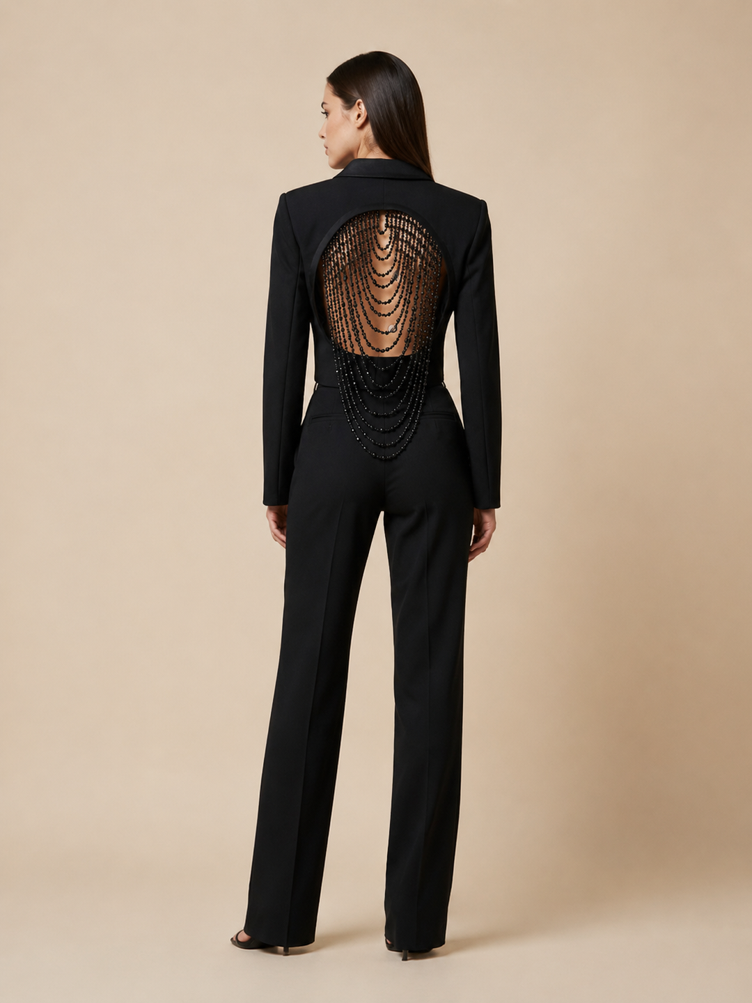 Black Beaded Cropped Blazer and High Waist Pants Set for Friday Night Vibes and Modern Glamour Women-Vyana Collective