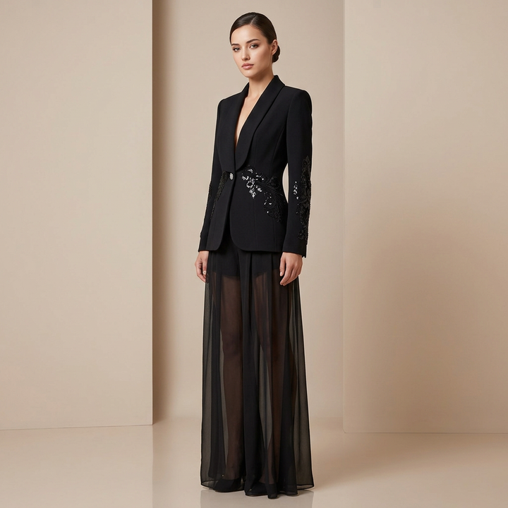 Black Beaded Mesh Blazer and Chiffon Wide Leg Pants Set for Gala Evenings and Statement Elegance Women-Vyana Collective