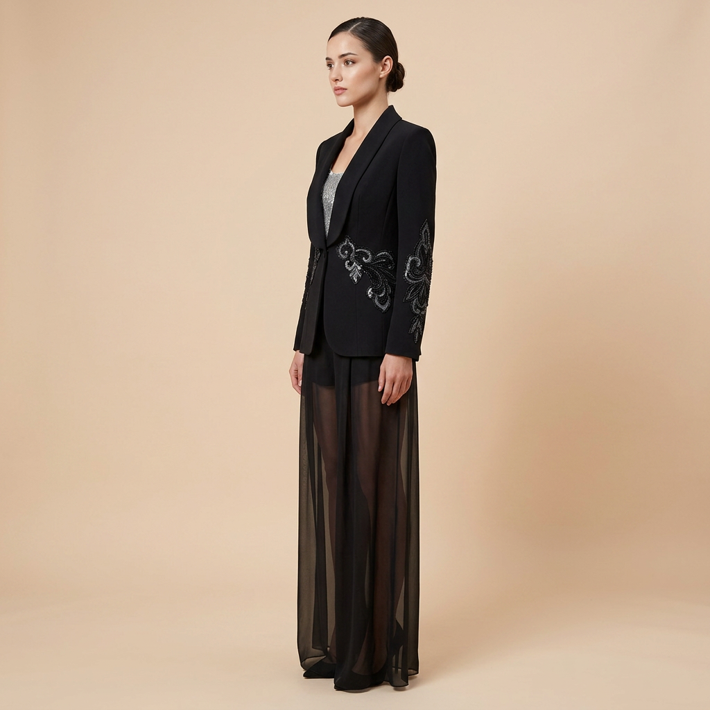 Black Beaded Mesh Blazer and Chiffon Wide Leg Pants Set for Gala Evenings and Statement Elegance Women-Vyana Collective