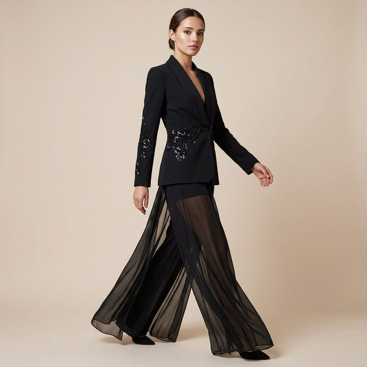 Black Beaded Mesh Blazer and Chiffon Wide Leg Pants Set for Gala Evenings and Statement Elegance Women-Vyana Collective