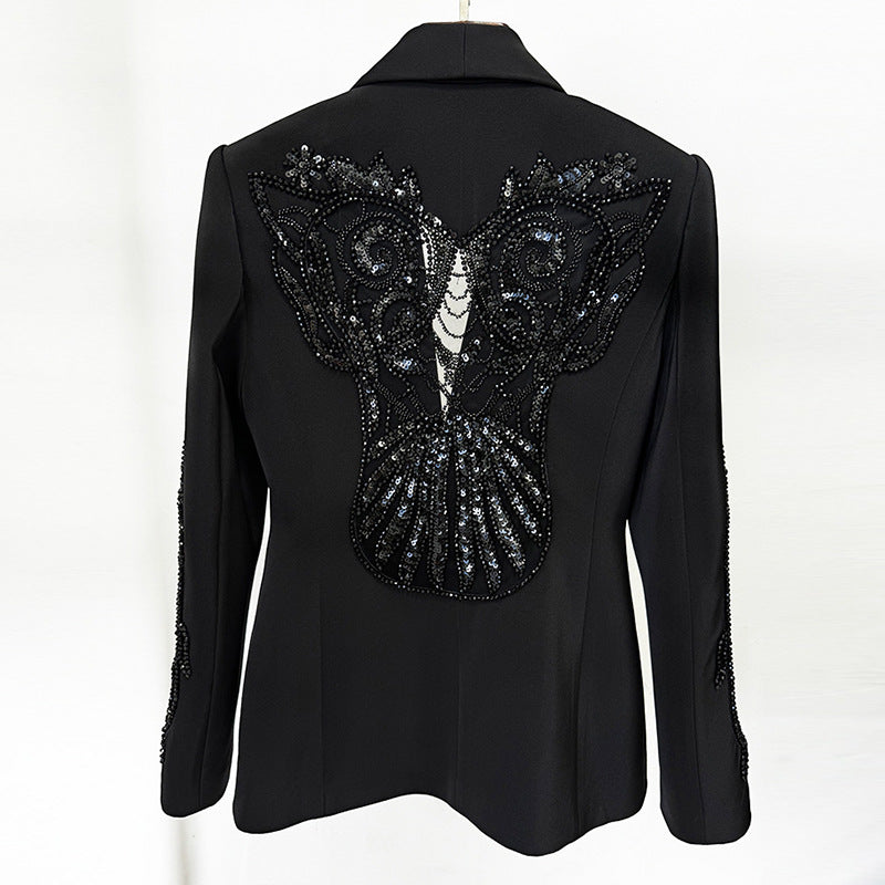 Black Beaded Mesh Blazer and Chiffon Wide Leg Pants Set for Gala Evenings and Statement Elegance Women-Vyana Collective