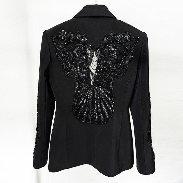 Black Beaded Mesh Blazer and Chiffon Wide Leg Pants Set for Gala Evenings and Statement Elegance Women-Vyana Collective