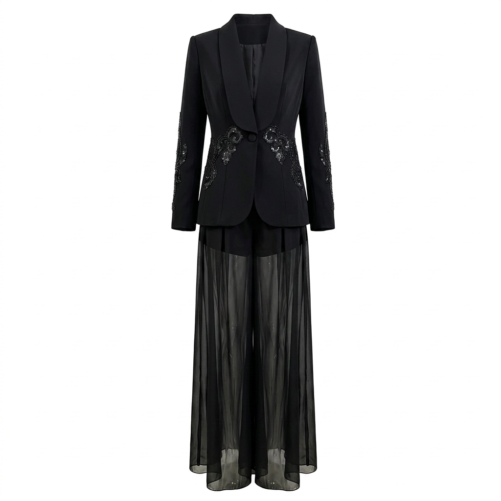 Black Beaded Mesh Blazer and Chiffon Wide Leg Pants Set for Gala Evenings and Statement Elegance Women-Vyana Collective