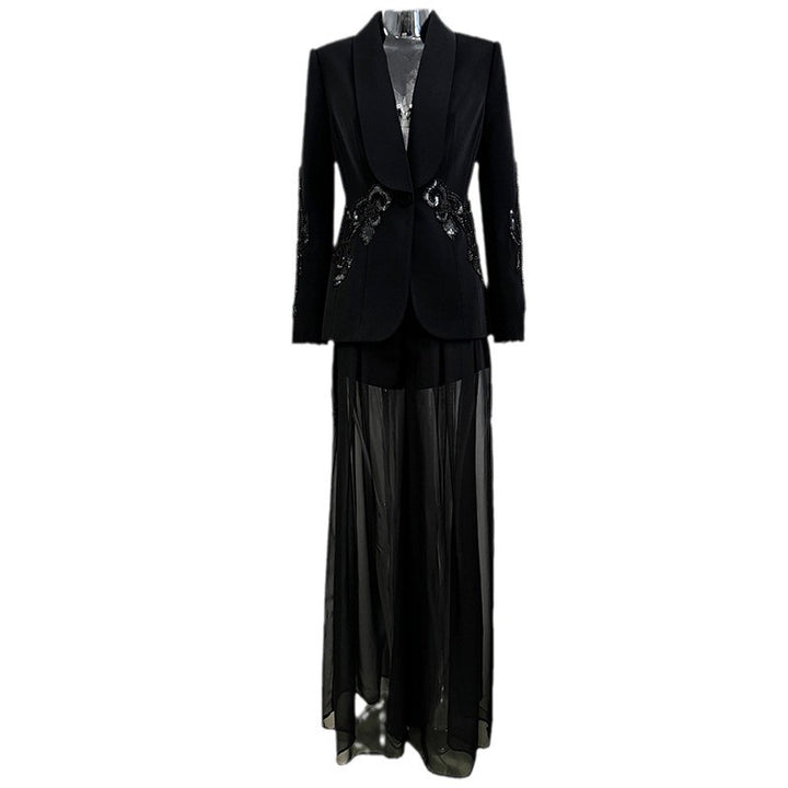 Black Beaded Mesh Blazer and Chiffon Wide Leg Pants Set for Gala Evenings and Statement Elegance Women-Vyana Collective