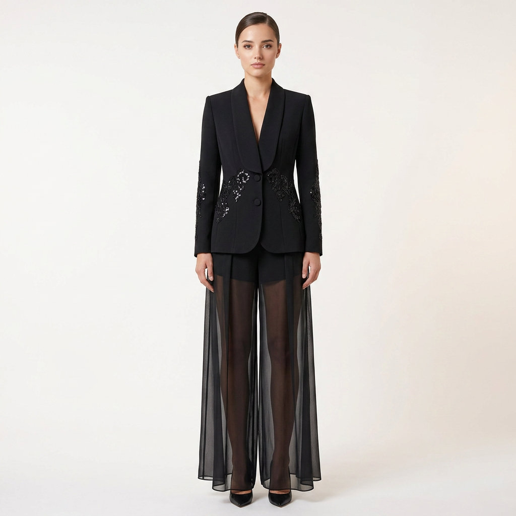 Black Beaded Mesh Blazer and Chiffon Wide Leg Pants Set for Gala Evenings and Statement Elegance Women-Vyana Collective