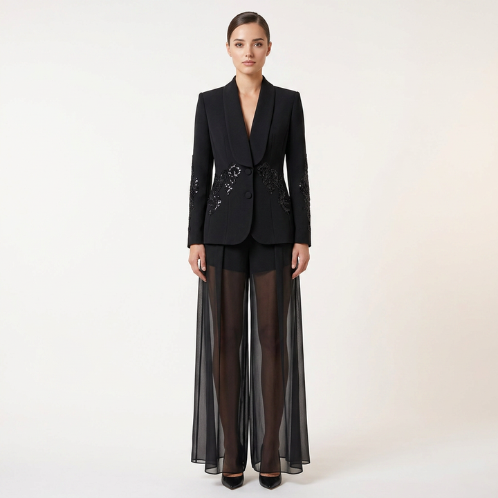 Black Beaded Mesh Blazer and Chiffon Wide Leg Pants Set for Gala Evenings and Statement Elegance Women-Vyana Collective