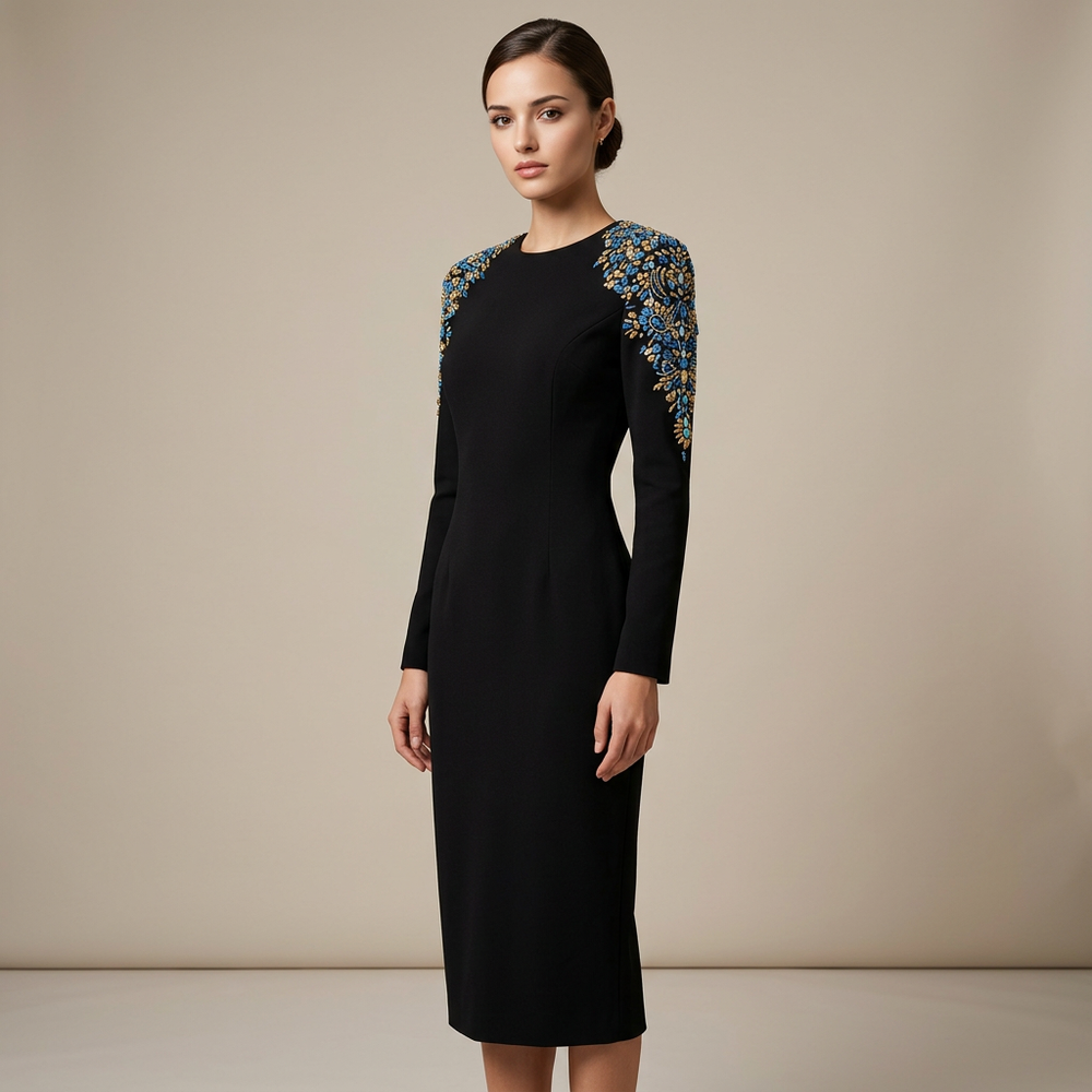 Black Beaded Shoulder Midi Dress for Cocktail Parties and Elegant Evening Events Women-Vyana Collective