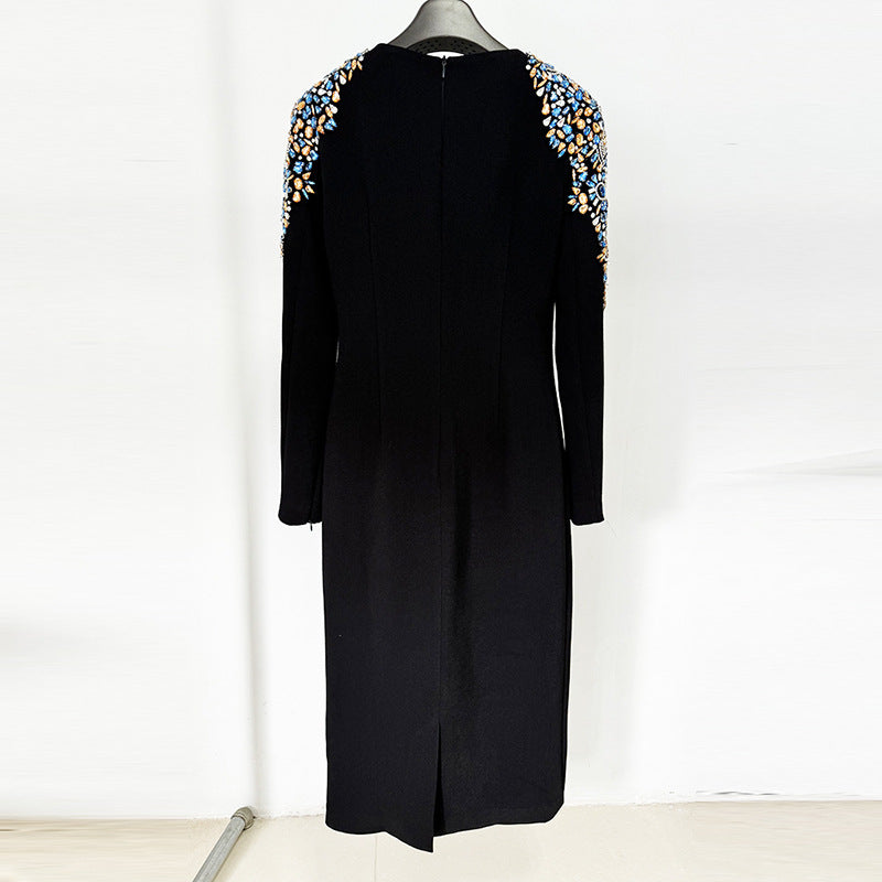 Black Beaded Shoulder Midi Dress for Cocktail Parties and Elegant Evening Events Women-Vyana Collective