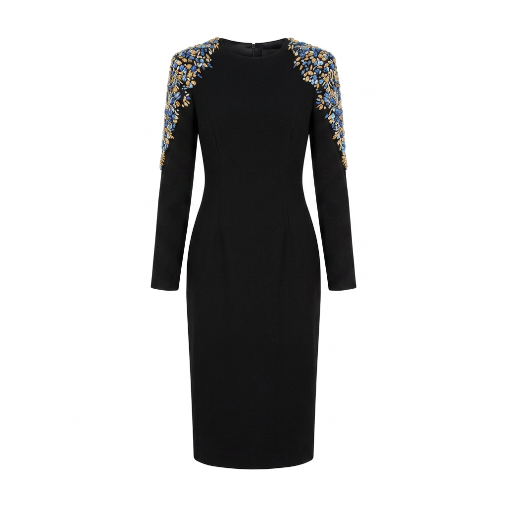 Black Beaded Shoulder Midi Dress for Cocktail Parties and Elegant Evening Events Women-Vyana Collective