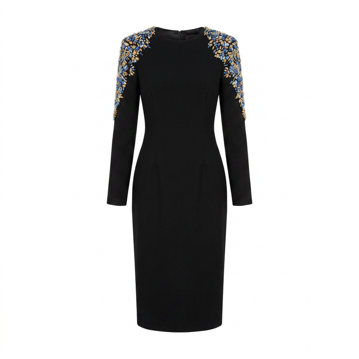 Black Beaded Shoulder Midi Dress for Cocktail Parties and Elegant Evening Events Women-Vyana Collective