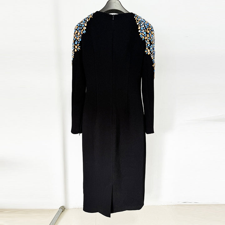 Black Beaded Shoulder Midi Dress for Cocktail Parties and Elegant Evening Events Women-Vyana Collective