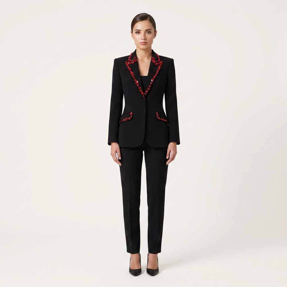 Black Blazer with Red Beaded Embellishments-Vyana Collective