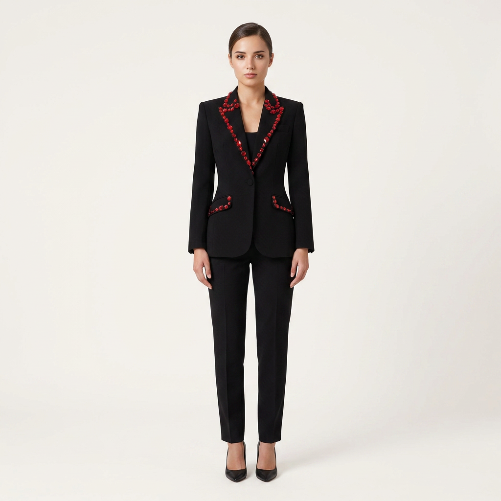 Black Blazer with Red Beaded Embellishments-Vyana Collective