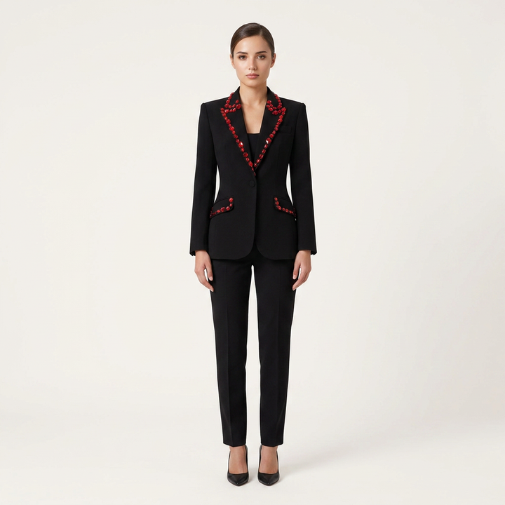 Black Blazer with Red Beaded Embellishments-Vyana Collective