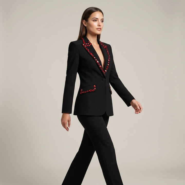 Black Blazer with Red Beaded Embellishments-Vyana Collective
