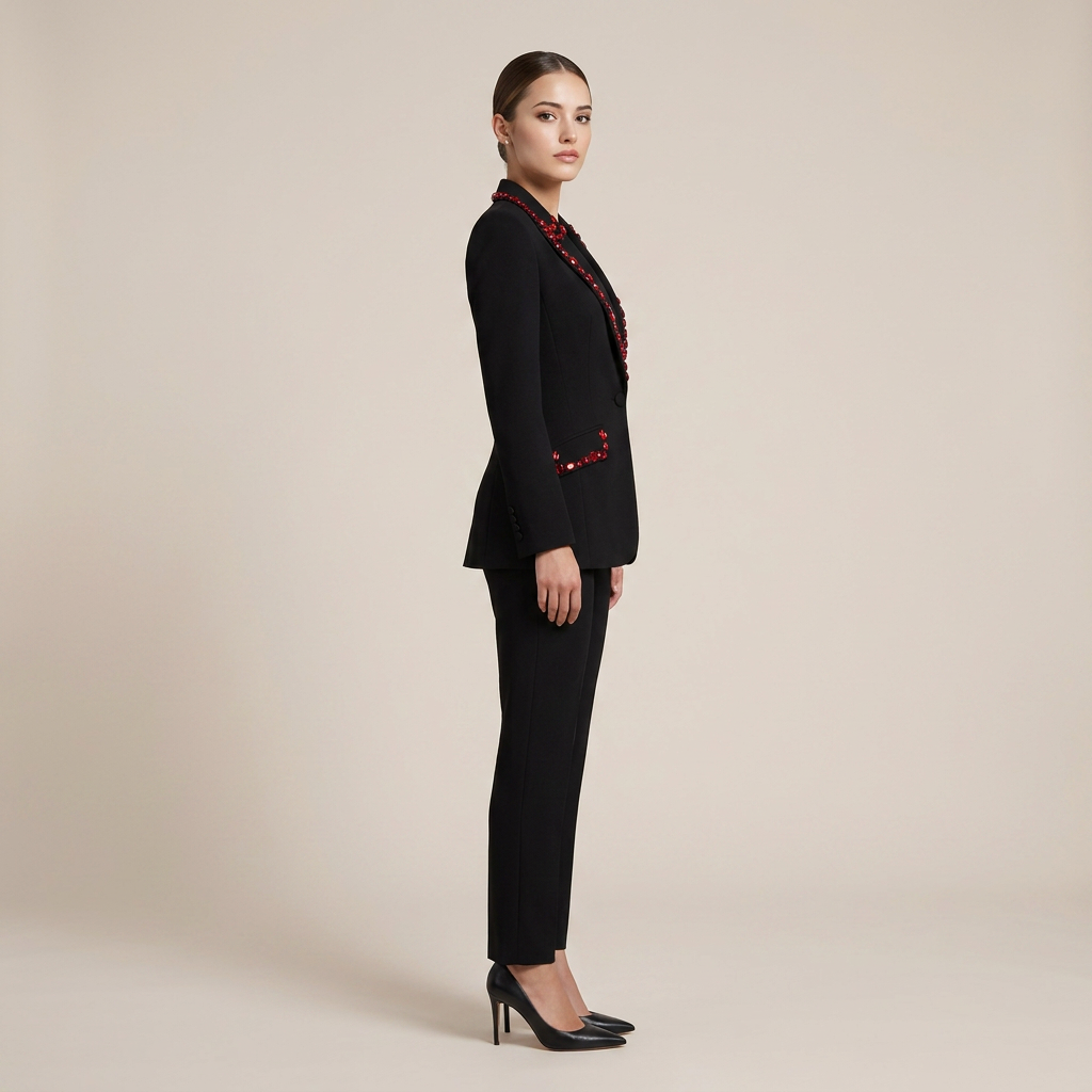 Black Blazer with Red Beaded Embellishments-Vyana Collective