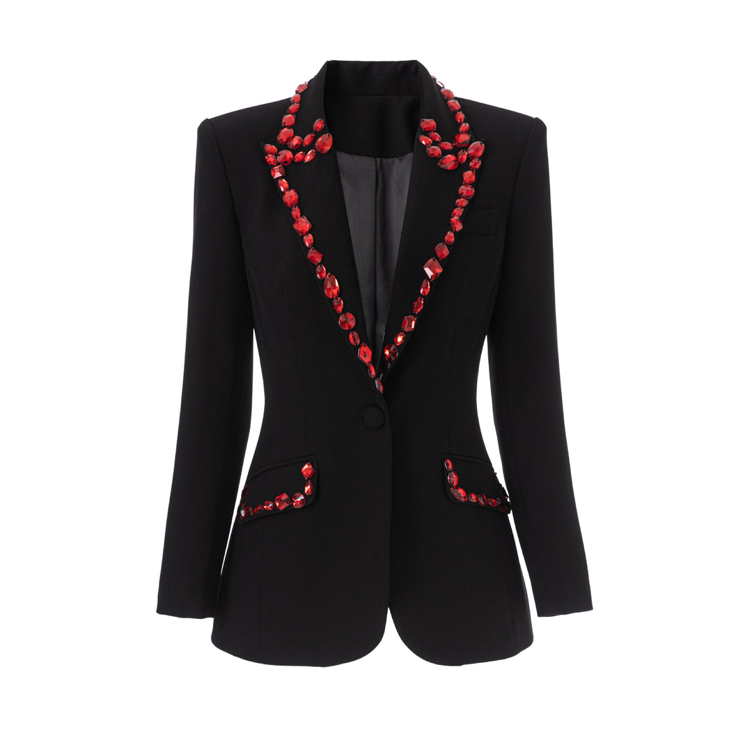 Black Blazer with Red Beaded Embellishments-Vyana Collective