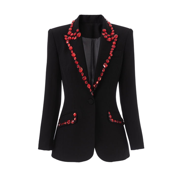 Black Blazer with Red Beaded Embellishments-Vyana Collective