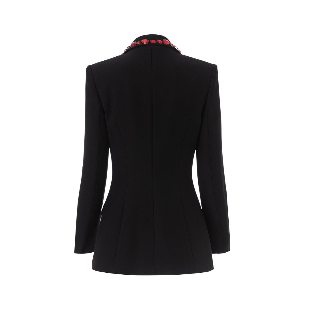 Black Blazer with Red Beaded Embellishments-Vyana Collective