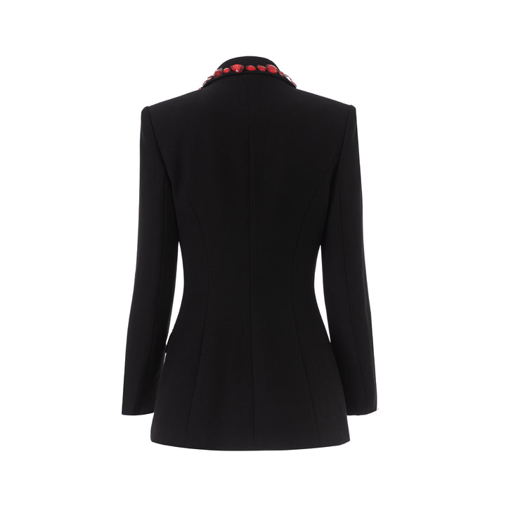 Black Blazer with Red Beaded Embellishments-Vyana Collective