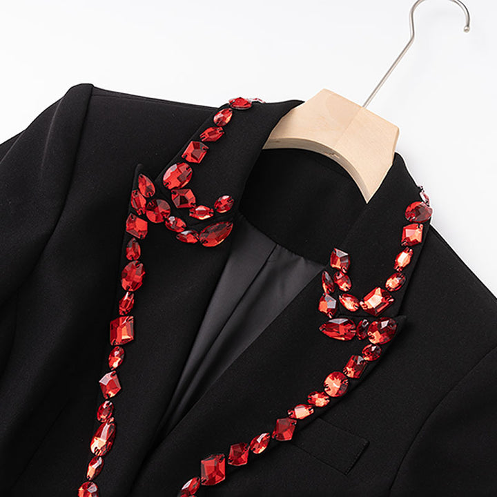 Black Blazer with Red Beaded Embellishments-Vyana Collective
