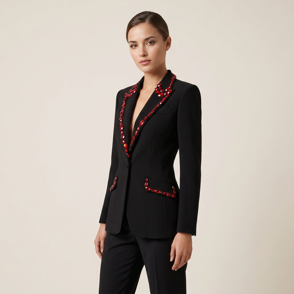 Black Blazer with Red Beaded Embellishments-Vyana Collective