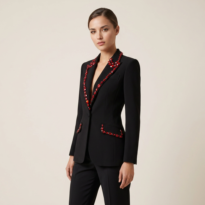 Black Blazer with Red Beaded Embellishments-Vyana Collective
