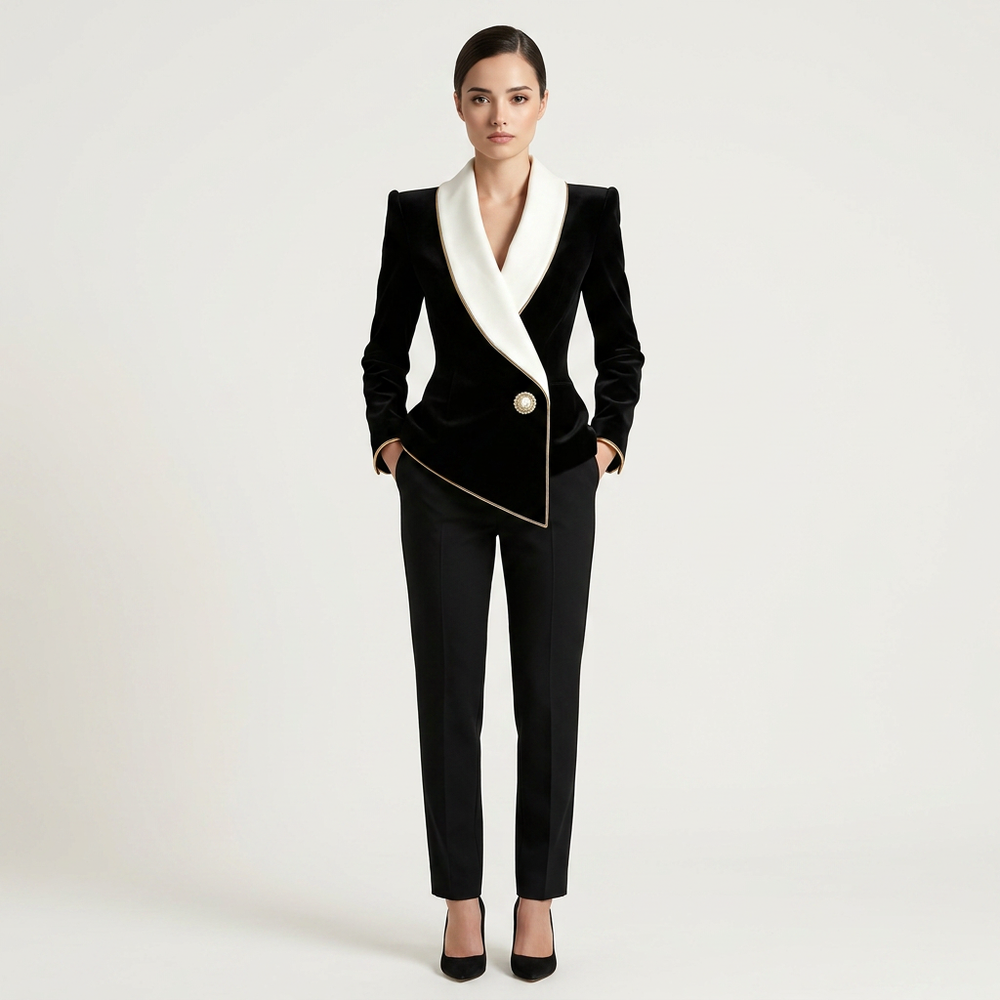 Black Contrast Shawl Collar Blazer for Office and Evening Wear-Vyana Collective