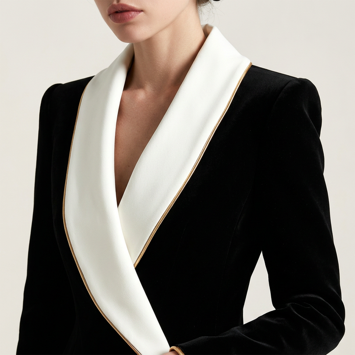 Black Contrast Shawl Collar Blazer for Office and Evening Wear-Vyana Collective