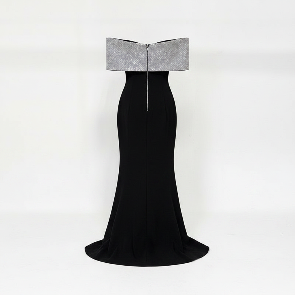 Black Crepe Off-the-Shoulder Silver Glitter Bow Mermaid Evening Gown-Vyana Collective