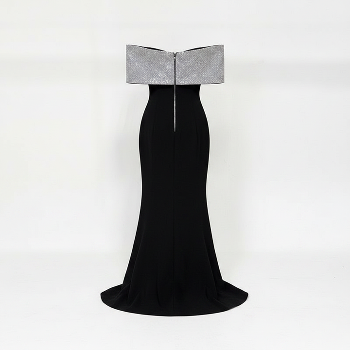 Black Crepe Off-the-Shoulder Silver Glitter Bow Mermaid Evening Gown-Vyana Collective