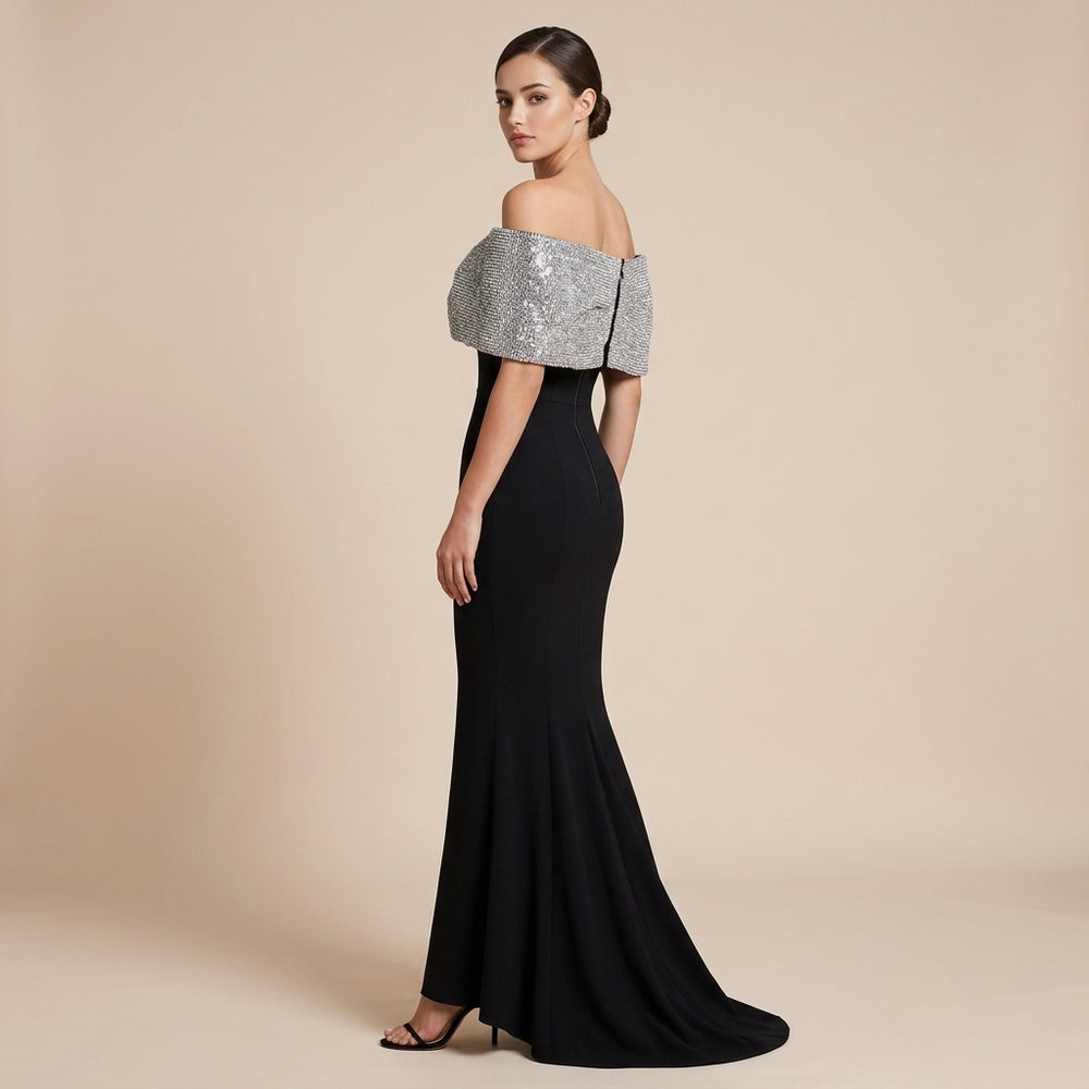 Black Crepe Off-the-Shoulder Silver Glitter Bow Mermaid Evening Gown-Vyana Collective