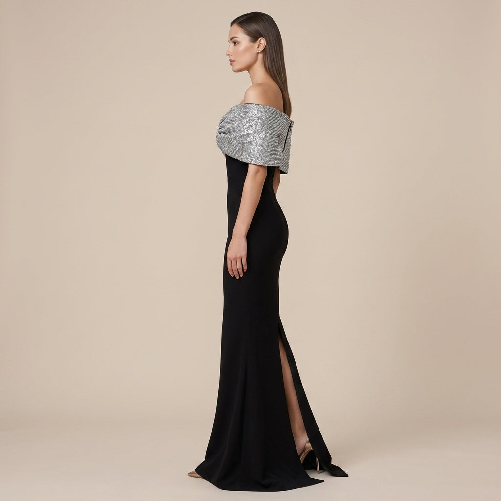 Black Crepe Off-the-Shoulder Silver Glitter Bow Mermaid Evening Gown-Vyana Collective